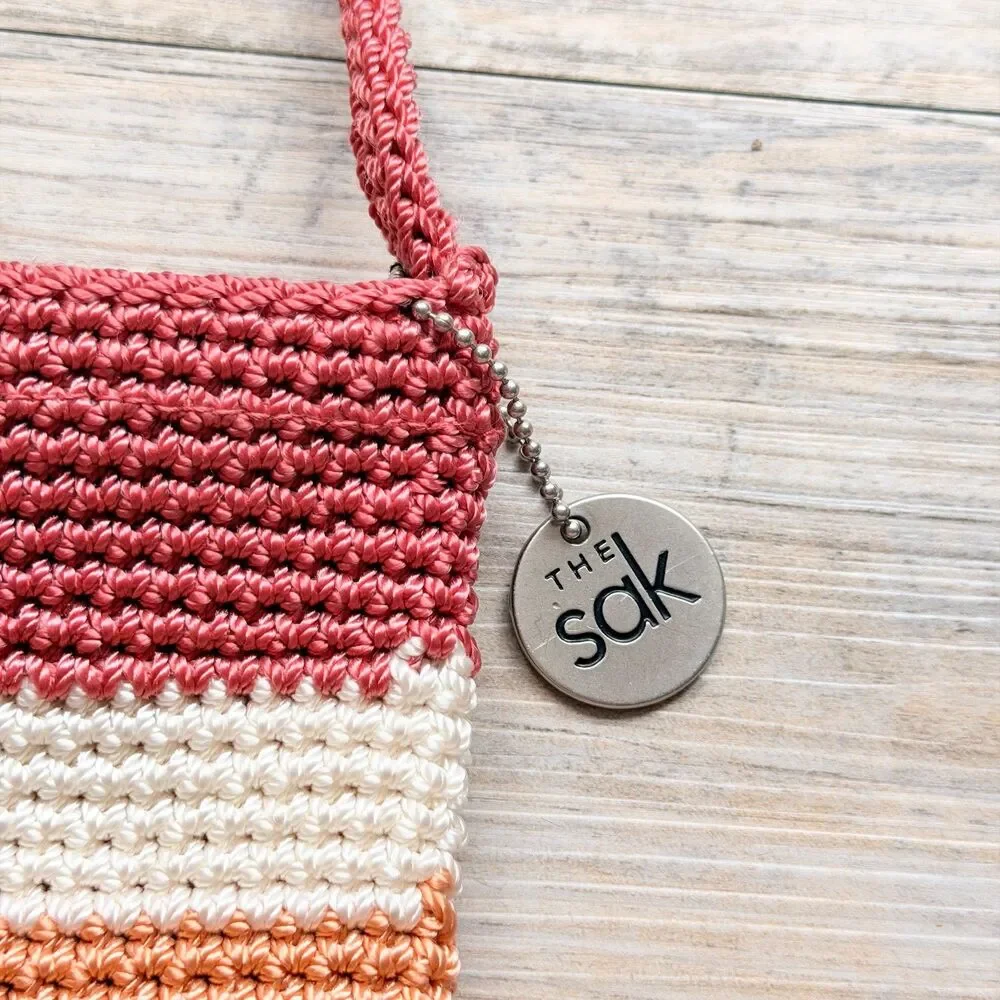 The Sak Crochet Knit Striped Shoulder Bag Y2K Boho Pink Sunset Mini Hobo Purse